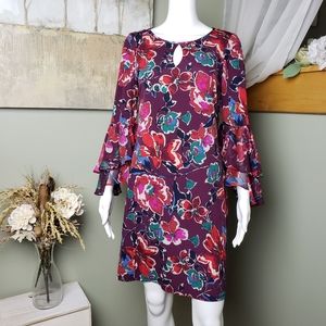 NWOT Roz & Ali Floral Bell Sleeve Mini Dress With Keyhole Front